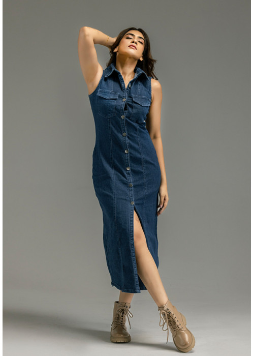 SLEEVELESS DARK BLUE DENIM DRESS